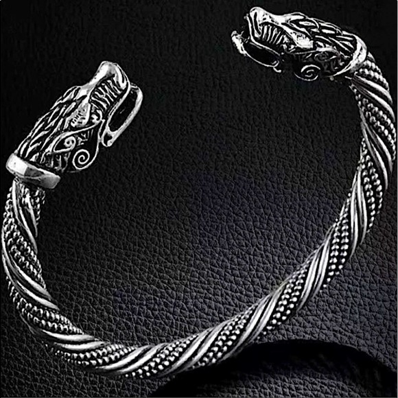 Sterling Silver Plated Serpent Viking Wolf Head Cuff Bracelet - Picture 3 of 7